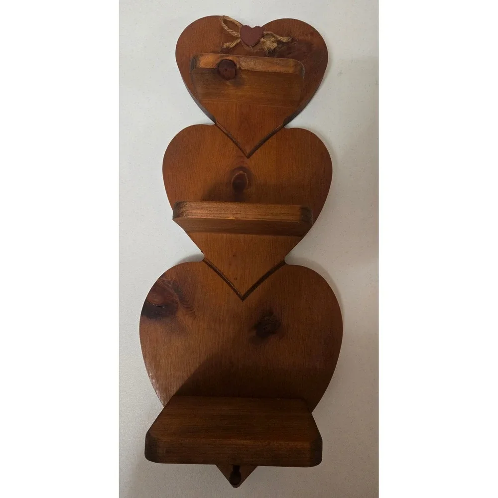 Vintage 3 Tier Wooden Heart Wall Shelf Rustic Cottagecore Farmhouse 20in Peg